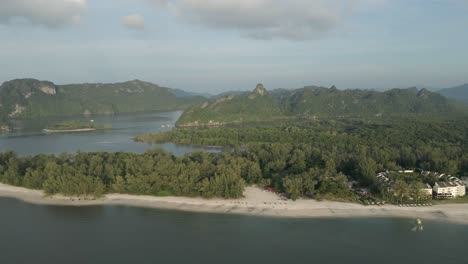 Aerial-pans-along-Langkawi-island-Tanjung-Rhu-sand-beach-in-Malaysia