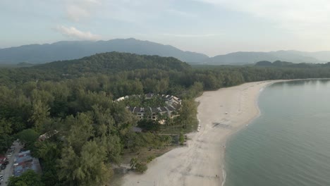 Beach-flyover-to-circular-Tanjung-Rhu-Resort-hotel-on-Langkawi,-MAL