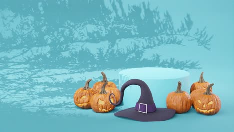 Halloween-Verkauf,-Oktober-Verkäufe,-Banner,-Blauer-Hintergrund,-Gruselig,-Geschnitzte-Kürbisse,-Oktoberfeiertag,-Halloween-Rabatt,-Hexenhut,-Alewife-Hut,-Dekoration,-3D-Rendering,-3D-Animation,-Marketing,-4k