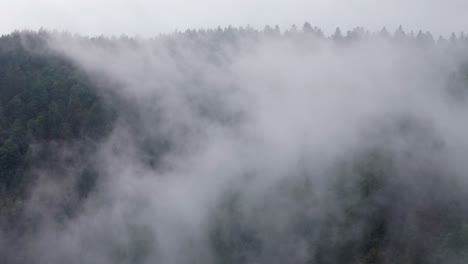 Aerial-moody-forest-moving-forward-towards-mountain-ridge-through-clouds-4K