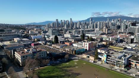 Vancouver-City-Skyline-View-From-Mount-Pleasant-District-Against-The-Mountain-In-BC,-Canada