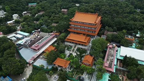 Aerial-around-the-Po-Lin-Monastery-on-Lantau-Island,-Hong-Kong,-China