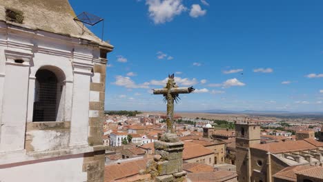 Panoramic-view:-Cáceres-cityscape-from-Iglesia-de-San-Francisco-Javier,-Spain