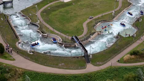 Lee-valley-white-water-centre-aerial-view-looking-down-over-inflatable-rafting-training-course-curving-waterway