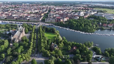 Aerial-reveal-from-Djurgarden-Island,-Museum-to-Karlaplan-Park-promenade-and-waterfront-of-Stockholm