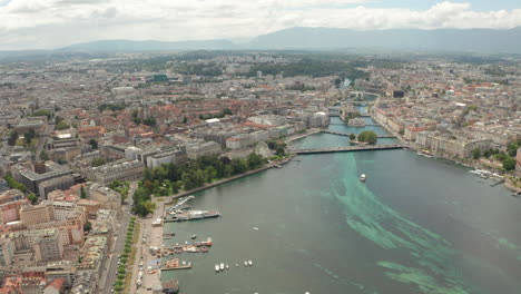 Aerial-shot-over-Rhone-river-passing-through-Geneva