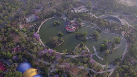 Aerial-birds-eye-view-beautiful-lake-and-park-in-Bosque-de-Chapultepec