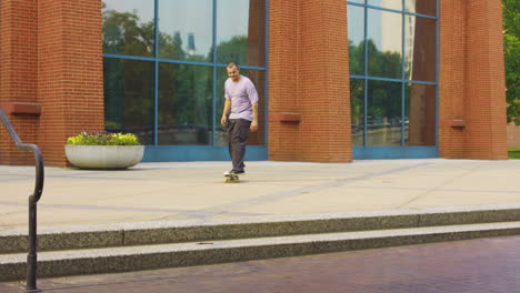 Skateboarder-Jumping-Over-The-Stairs-On-Basic-Ollie