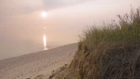 Handheld-shot-of-dune-grass-on-a-beach-at-sunset