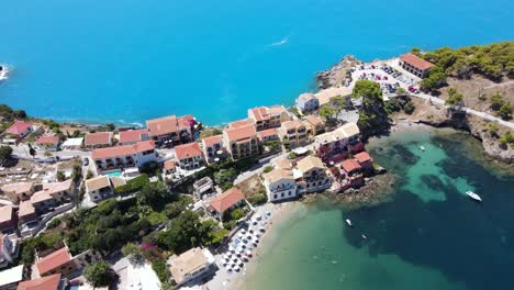 Colorful-city-of-Asos-on-Cephalonia,-Greece,-aerial-footage,-dynamic-shot
