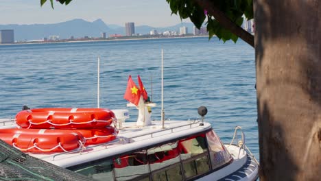 A-yacht-is-docked-in-the-seaport-at-Son-Tra-Marina,-Da-Nang-City,-Viet-Nam