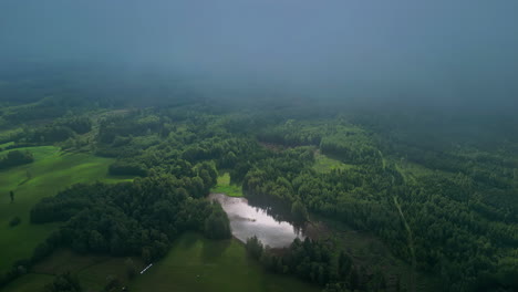 Rural-landscape-with-forests-and-grass-fields-under-cloudy-sky,-aerial