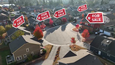 Drone-shot-of-a-suburban-neighborhood-with-"FOR-SALE"-signs-appearing-over-the-houses