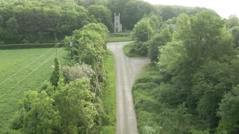 Straße-Entlang-Der-Grünen-Bäume-Und-Der-Wiese-In-Richtung-Der-Curraclone-Kirche-In-Stradbally,-Laois,-Irland