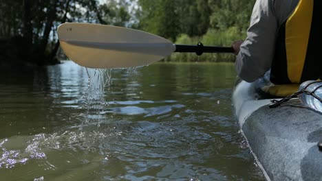 Man-kayaking,-kayak-canoe-back-rear-view,-canoeing-calm-water-idyllic-nature