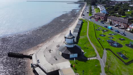 A-360-view-of-a-Lighthouse-Museum-shot-from-the-air-in-Felixstowe-Harbor,-UK