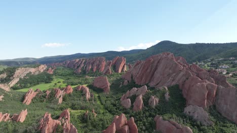 Amazing-drone-panoramic-of-rocky-landscape,-lush-vegetation-and-blue-sky