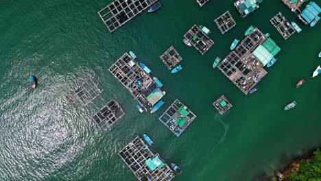 Overhead-view-over-the-fishing-boats-and-rafts-of-the-fish-farms-on-Ma-Wan-island,-Hong-Kong,-China