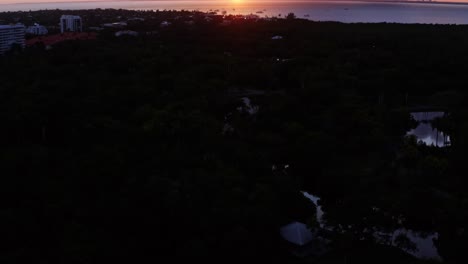 Left-trucking-tilt-up-aerial-drone-shot-of-a-stunning-yellow-golden-ocean-sunset-with-tropical-greenery-below-from-Crandon-Park-in-Key-Biscayne-outside-of-Miami,-Florida-on-a-warm-sunny-summer-evening