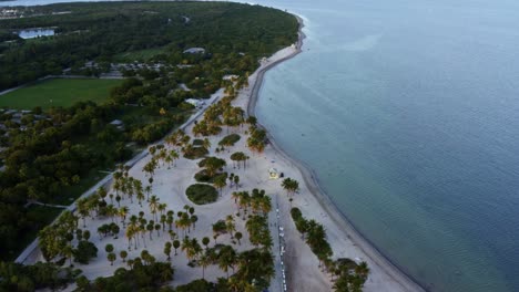 Dolly-in-tilt-up-aerial-drone-shot-of-the-beautiful-tropical-beach-surrounded-by-palm-trees-on-Crandon-Park-in-Key-Biscayne-with-the-skyline-of-Miami,-Florida-in-the-distance-on-a-sunny-summer-evening