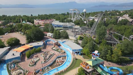 Aerial-Shot-of-Roller-Coaster-and-Water-Park-at-Gardaland-Near-Lake-Garda,-Italy