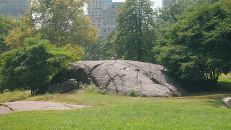 Large-boulder-iconic-rock-in-central-park-with-new-york-skyline-behind,-person-sitting