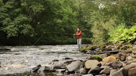 Hand-held-shot-of-a-flyfisherman-casting-into-a-fast-flowing-section-of-river