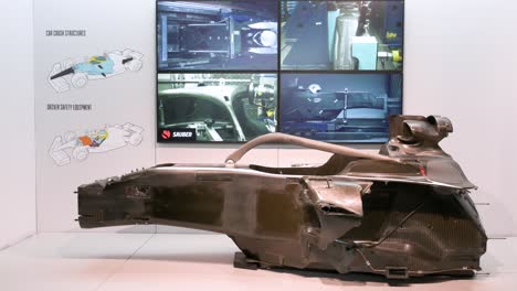 An-F1-racing-car-carbon-fibre-monocoque-chassis-is-seen-during-the-world's-first-official-Formula-1-exhibition-at-IFEMA-Madrid,-Spain