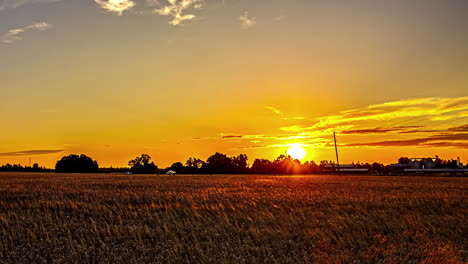 An-awe-inspiring-sunrise-graced-the-sky-above-rural-fields,-transforming-it-into-a-vivid-hue-of-gold