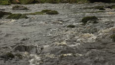 Slow-low-panning-shot-of-a-fast-flowing-Scottish-stream-with-rocks