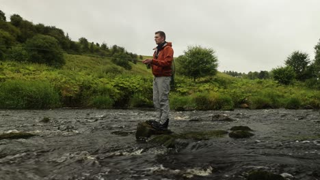 Static-shot-of-a-fly-fisherman-standing-on-a-rock-and-casting-into-a-stream