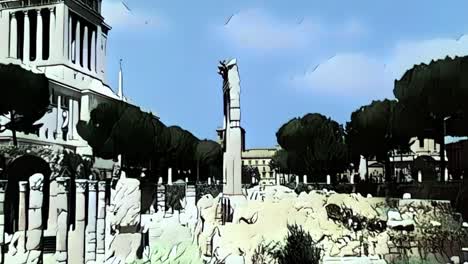 Present-and-past-of-Forum-of-Caesar-of-Rome-in-Italy,-cartoon-animation-reconstruction
