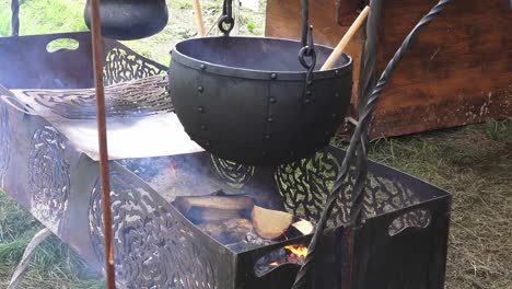 Viking-Re-enactiment-of-ancient-cooling-methods-metal-pot-boiling-over-a-wood-fire-at-woods-town-Waterford-Ireland