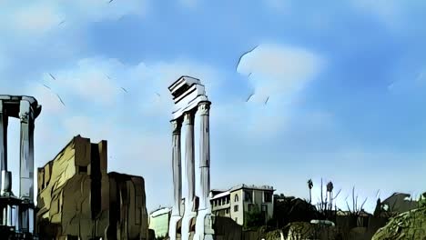 Present-and-past-of-vesta-Temple-and-Augustus-Arch-of-Rome-in-Italy,-cartoon-animation-reconstruction