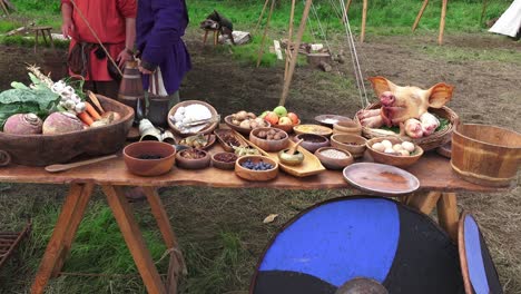Viking-re-enactiment-food-table-typical-of-the-viking-period-at-Woodstown-Waterford-Ireland