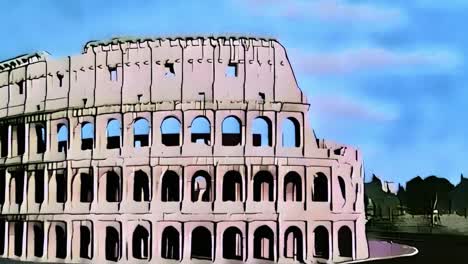 Present-and-past-of-Colosseum-of-Rome-in-Italy,-cartoon-animation-reconstruction