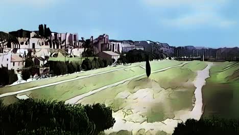 Present-and-past-of-Circus-Maximus-or-Circo-Massimo-of-Rome-in-Italy,-cartoon-animation-reconstruction