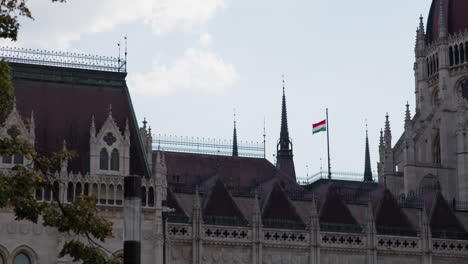 El-Edificio-Del-Parlamento-Húngaro-Tejado-Pan-A-Través-De-La-Fachada-De-Estilo-Neogótico