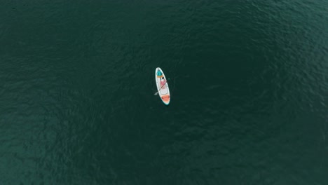 Girl-in-pink-bikini-paddling-on-SUP-board-over-deep-blue-water-lake