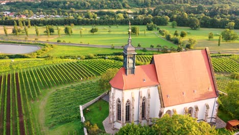 Drone-flight-around-the-small-church-"Maria-im-Weingarten"-near-Volkach-on-the-river-Main-in-Germany