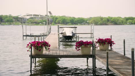 Dock-on-lakeshore-with-flower-pots-and-jet-ski-lift