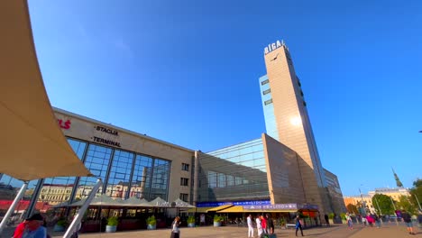 Riga-central-train-station-exterior-cinematic-dolly-shot-during-summer-morning