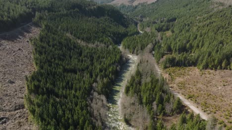 Aerial-drone-footage-of-a-river-in-a-mountain-valley