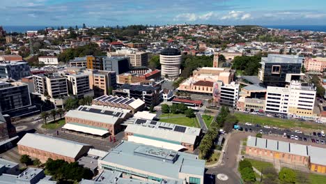 Drone-aerial-landscape-scenic-shot-Honeysuckle-Civic-Park-buildings-hotel-park-Crystalbrook-Kingsley-museum-architecture-NSW-Newcastle-Australia-4K