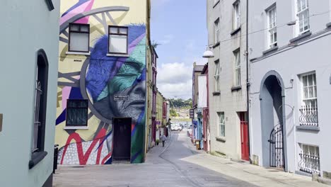 Viking-Triangle-Waterford-Street-Art-Auf-Einem-Alten-Historischen-Gebäude-Und-Einer-Straße,-Die-Zu-Den-Kais-Und-Dem-Suir-River-Im-Sommertag-Führt