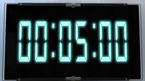 High-quality-CGI-render-of-a-digital-countdown-timer-on-a-wall-mounted-screen-on-a-pale-wall,-with-glowing-blue-numbers,-counting-down-from-10-to-zero,-with-with-camera-slowly-pushing-in-dramatically