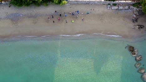 Yoga-Class-Beach,-Aeria,-Top-View,-Drone-Shot