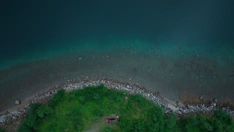 Rocky-Coast-Of-A-Lake-In-Gryllefjord,-Senja,-Norway---aerial-top-down
