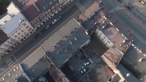 Aerial-Drone-Shot-of-Podgorze-historical-Jewish-Ghetto-neighborhood-of-Krakow-Poland-with-the-river-Vistula-at-Sunrise