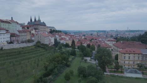 Aerial-Drone-Shot-Prague-Castle-Mala-Strana-Czech-Republic-Cloudy-Sunset